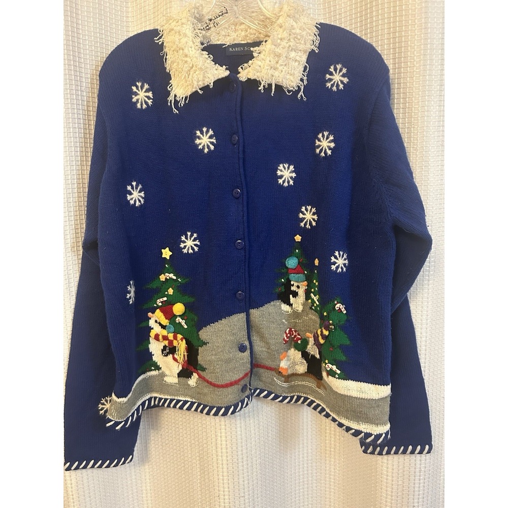 VTG Blue Christmas Winter Cardigan Penguins Ugly Womens XL Grandmacore
